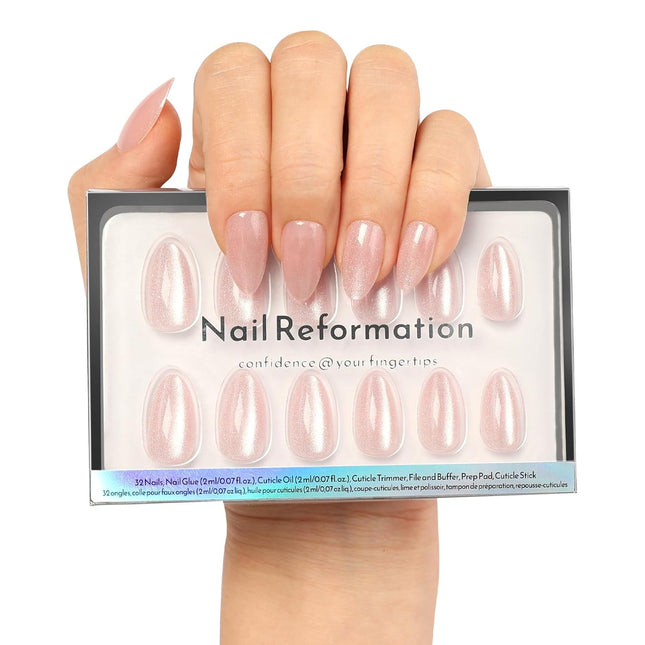 Soft Pink Short Almond Press-On Nails with Glossy Velvet Cat Eye Finish