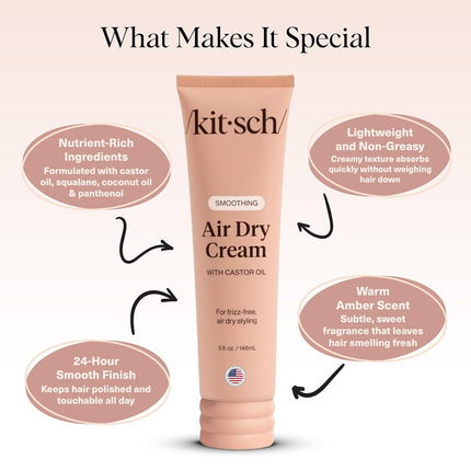 Smoothing Air Dry Hair Cream – Frizz Control Styling Cream with Castor Oil & Coconut Oil, 5 oz