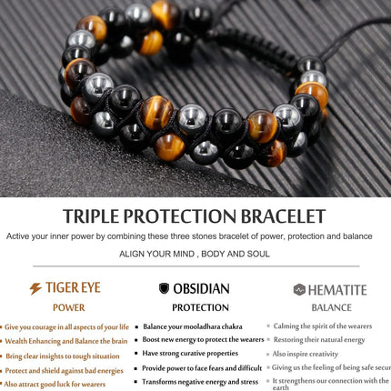 Triple Protection Men's Natural Stone Bead Stretch Bracelet