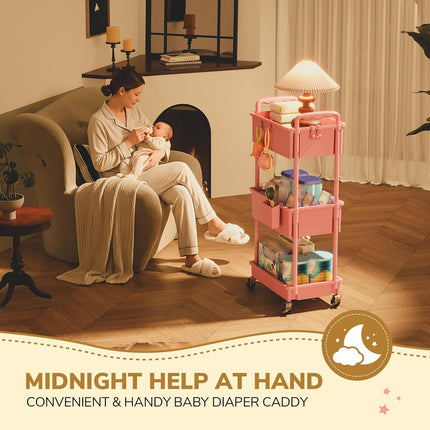 3-Tier Pink Rolling Diaper Cart with Lockable Wheels