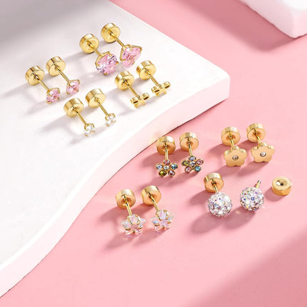 Gold-Tone Hypoallergenic Screw Back Stud Earrings Set for Toddlers, Kids, and Women
