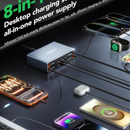 8-in-1 Retractable Charger, 105W USB-C Hub, Fast Charger Wall Plug