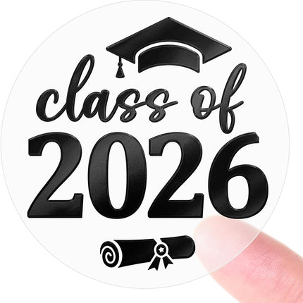 SourcetoHome 100 PCS Class of 2026 Graduation Stickers, Clear Black Foil Graduation Cap Labels for Candy Bags, Dessert Table Treat Bags, Invitations, Envelopes, Favor Bags & Gift Wrapping, 1.6 Inch - General - front view