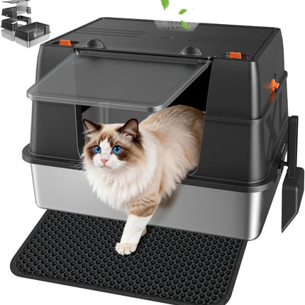 Stainless Steel Extra Large High-Sided Litter Box with Lid