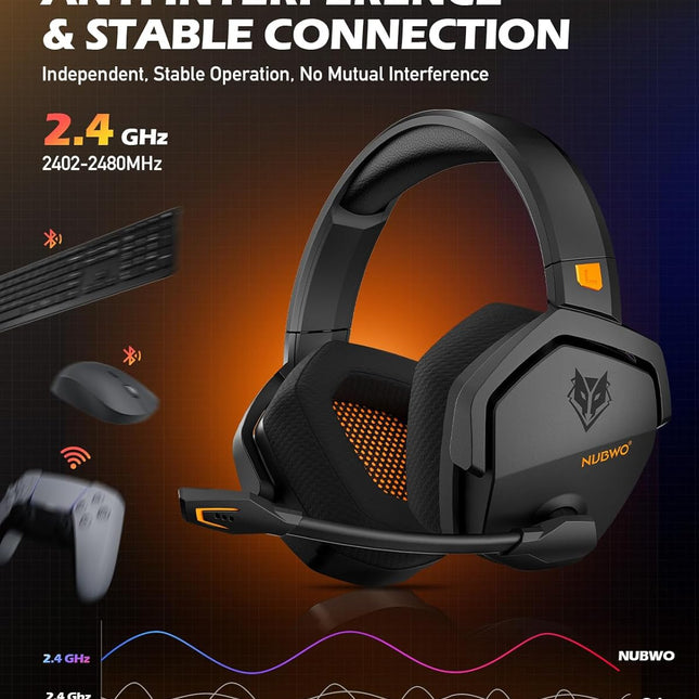 Wireless Gaming Headset with Mic, 100-Hour Battery, 23ms Sync - Orange