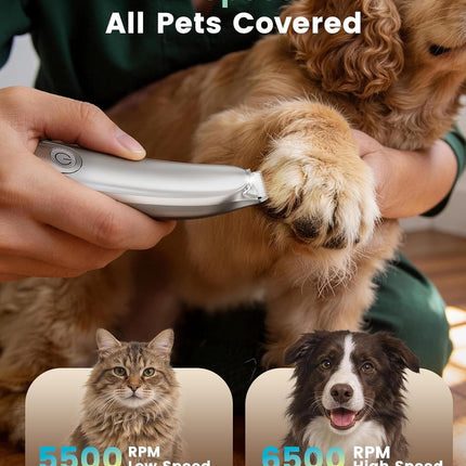 Dog Paw Trimmer, 2-Speed Low-Noise Cordless Pet Grooming Clipper with LED Light