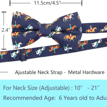 Cute Horse Race Pattern Pre-Tied Adjustable Bow Tie in Brown, White and Navy