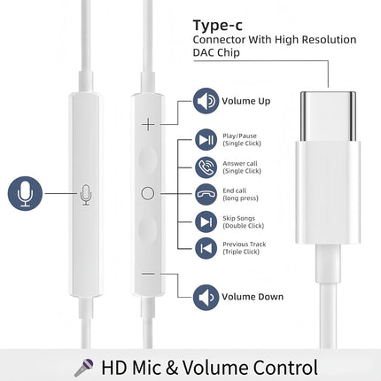 5 Pack USB-C Wired Earbuds with Microphone and Volume Control, 4 ft