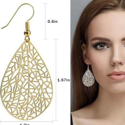 14K Gold Plated Silver Rose Gold Teardrop Filigree Dangle Earrings