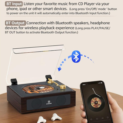 Retro Portable CD Player with Built-In Speakers and Bluetooth, Walnut Brown