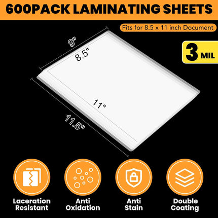 600 Pack Clear 3 Mil Letter Size Thermal Laminating Pouches