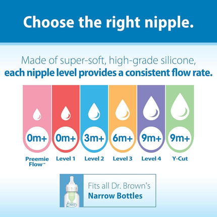 Level 2 Narrow Baby Bottle Silicone Nipples, Medium Flow, 3m+, 6 Count