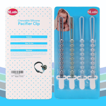 4-Pack Silicone Pacifier Clips with One-Piece Beads for Baby Boys and Girls - Flexible and Rust-Free Holders for Teething Relief and Baby Essentials, Safe for Newborns (Grey)
