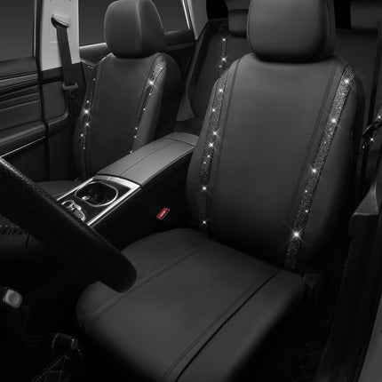 Leather Bling Diamond Car Seat Covers Full Set - Black Universal Fit