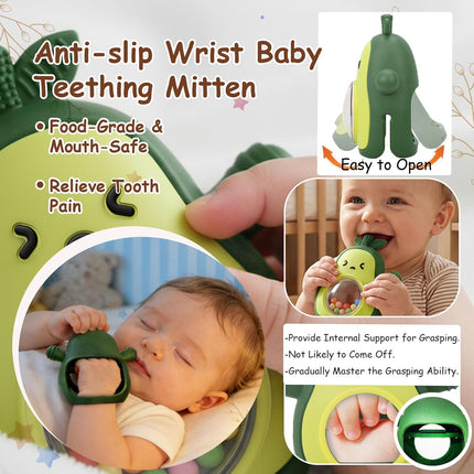 Green Silicone Avocado Baby Teething Mitten Rattle Toy