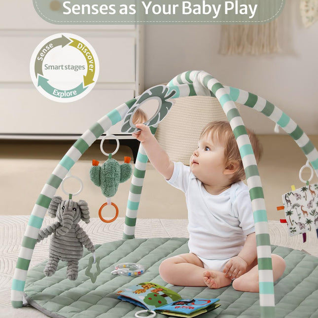 Sage Green Baby Play Gym Mat with 6 Detachable Toys