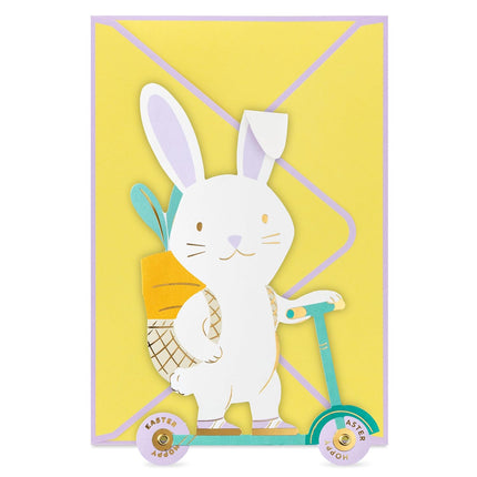 Kids Easter Card, Wheely Fun Die-Cut Bunny on Scooter with Removable Carrot Card