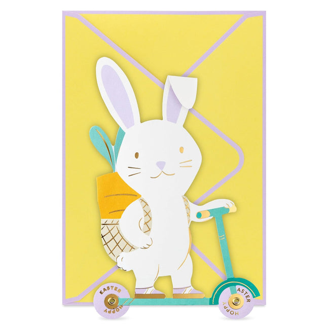 Kids Easter Card, Wheely Fun Die-Cut Bunny on Scooter with Removable Carrot Card