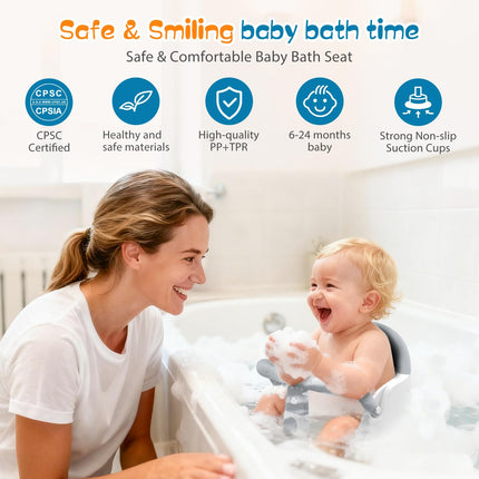 Grey Non-Slip Baby Bath Seat for Babies 6 Months & Up