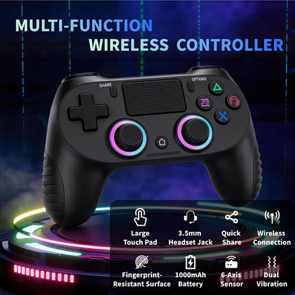 Wireless Game Controller with Type-C Cable, Dual Vibration, 1000mAh Battery, 6-Axis Motion Sensor, Touchpad, Audio Jack, Non-Slip Grip