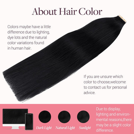 Jet Black Tape-In Human Hair Extensions, 20 Inch, 50g, 20 Pieces