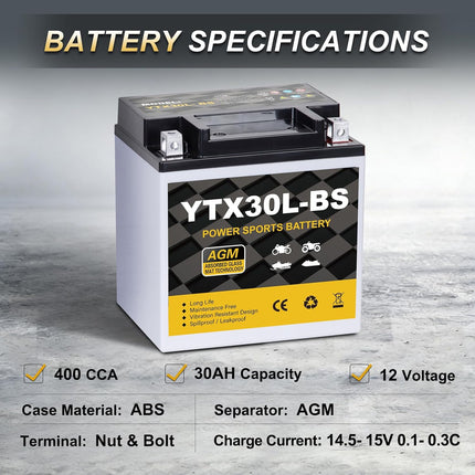 YTX30L-BS 12V 30Ah 400CCA Sealed AGM Powersport Battery