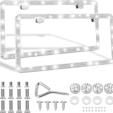 White Rhinestone Stainless Steel License Plate Frames, 2 Pack