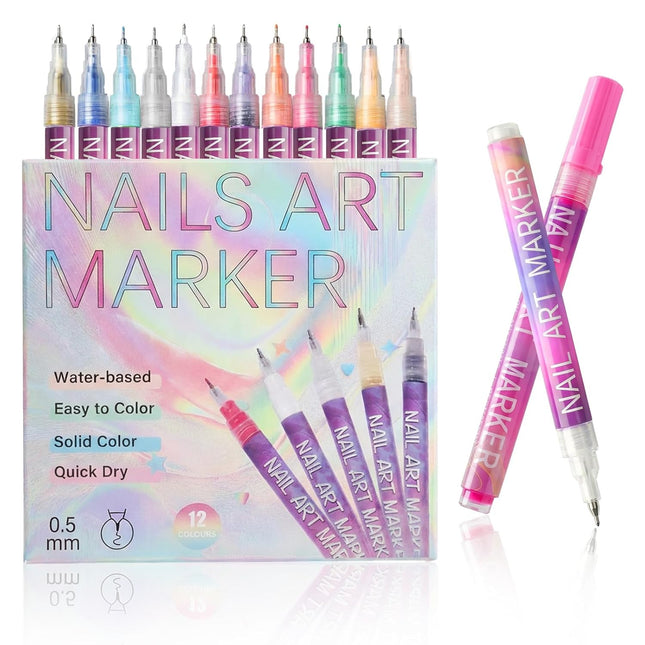 12 Colors Nail Art Pens Set with 0.5mm Fine Tips