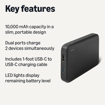 Slim Portable Charger Power Bank with LED Display, 10,000 mAh, Black