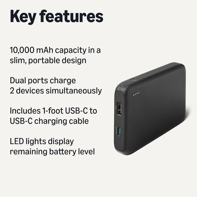 Slim Portable Charger Power Bank with LED Display, 10,000 mAh, Black