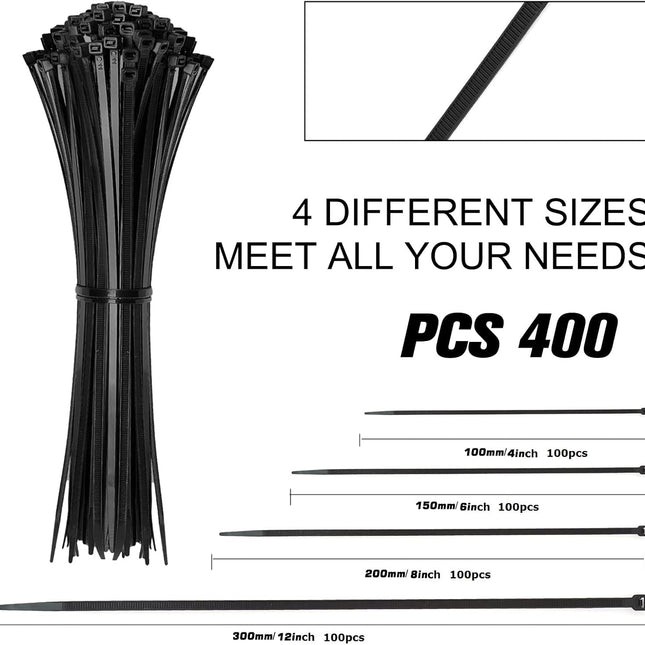 Cable Zip Ties, 400 Pack Black Assorted Sizes 12, 8, 6, and 4 Inch