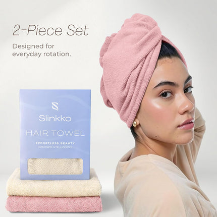 Microfiber Hair Towel Wrap for Women - Quick Dry Turban, Pink & Beige