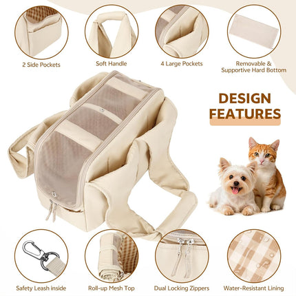 Dog Purse Carrier for Small Dogs and Cats, Beige Soft-Sided Pet Tote with 6 Pockets