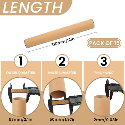 15-Pack Kraft Shipping Tubes With Caps, 2 x 12 Inch Cardboard Poster Tubes