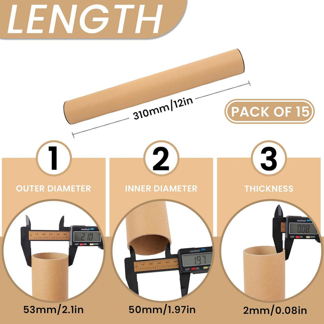 15-Pack Kraft Shipping Tubes With Caps, 2 x 12 Inch Cardboard Poster Tubes