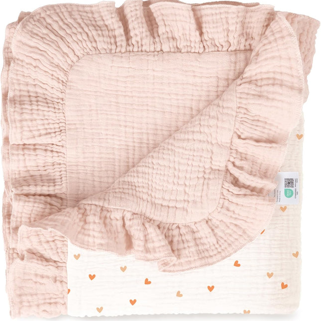 Muslin Ruffle Baby Blanket - Soft Breathable 100% Cotton Newborn Wrap, 40" x 36", Pink Heart