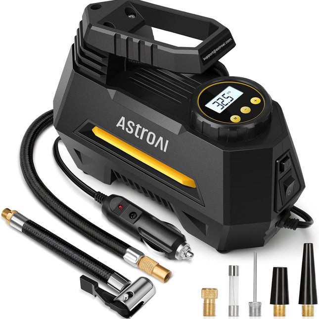 Portable 12V DC Tire Inflator Air Compressor with Digital Gauge and LED Light, Yellow