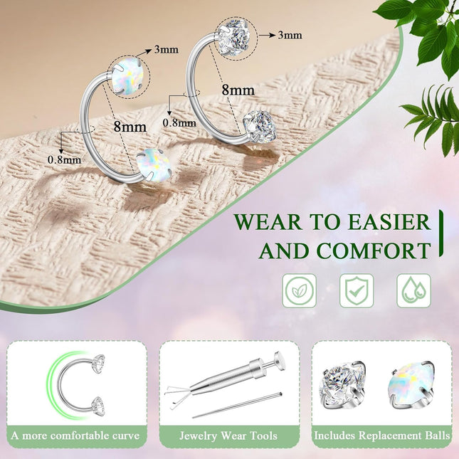 20G Silver Horseshoe Nose Ring Hoops Set with CZ Opal Tips