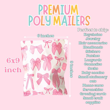 6x9 Colorful and Stylish 100 Pack Poly Mailer Bags with Unique Designs, Ribbon Bow