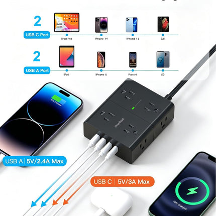 NexWave OndaNex One Beat Surge Protector Power Strip, 6 Ft Ultra Thin Flat Extension Cord — Smart Tech