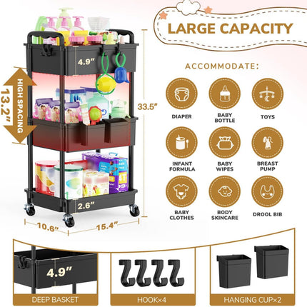 3-Tier Black Rolling Diaper Cart with Lockable Wheels