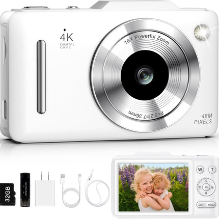4K Autofocus Vlogging Camera, 48MP Point & Shoot, White