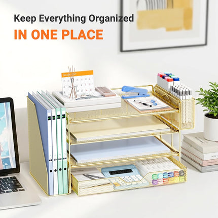 Gold 4-Tier Desk Organizer with Drawer and Pen Holder