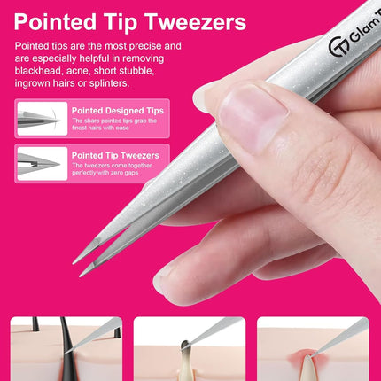 Expert Slant and Point Tip Tweezer Set with Storage Case, Sparkle Silver