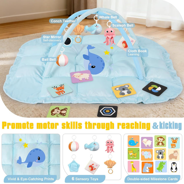 5-in-1 Tummy Time Mat Baby Activity Gym with Whale Cartoon Pattern