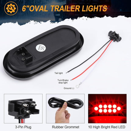 6-Inch Oval Red LED Trailer Tail Lights, 2-Pack