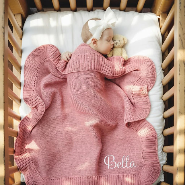 Personalized Baby Blanket with Name - Custom Embroidered Knitted Ruffled Blanket, 30x40 Inch