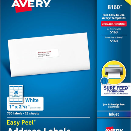 Easy Peel Printable Address Labels, 1 in x 2-5/8 in, White, 750 Count