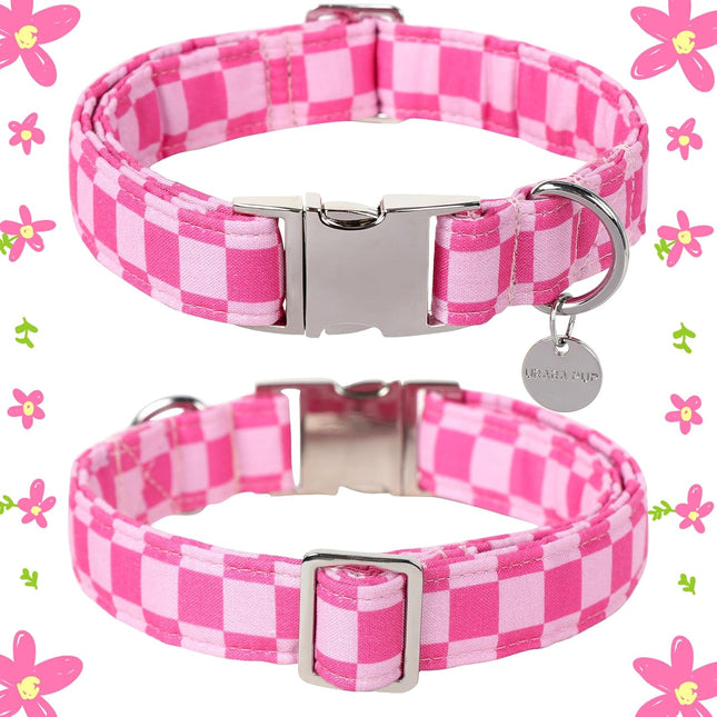 Pink Plaid Cotton Adjustable Dog Collar with Metal Buckle