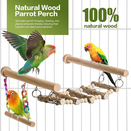 PawHaven RefugioPata Bird Perches Ladder with Swing, Natural Wood Parrot Climbing Bridge Perch — Pet Supplies